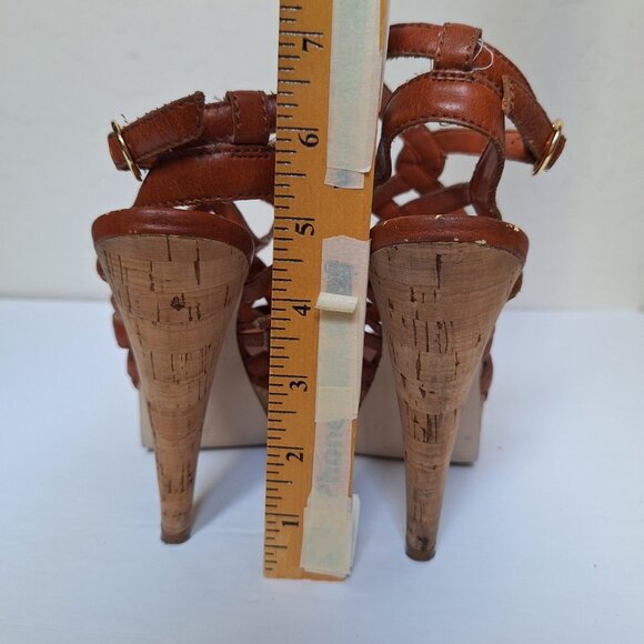Y2K Bakers platform sandals strappy tan cognac leather cork caged chunky heels - Picture 4 of 12